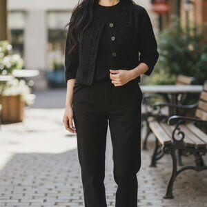 (E-127)Ann Taylor Black Eyelet Cardigan Jacket Women’s Size M 3/4‎ Sleeve Button